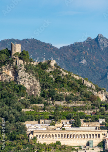 Ruin tower and in bottom Cemetary of Amalfi Coast