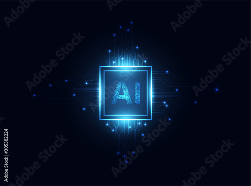 Abstract technology Ai computing chipset on circuit board concept working data of Artificial intelligence and futuristic digital for future on dark blue background.