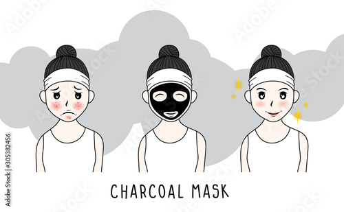 beauty woman with charcoal mask on face. vector illustration sheet black treatment facial. 