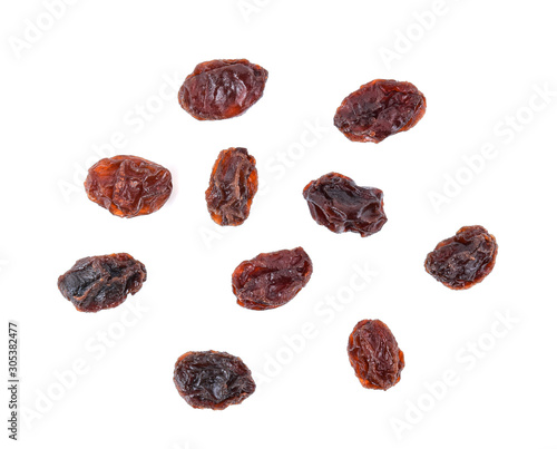 Top view of Dried raisins isolated on white background