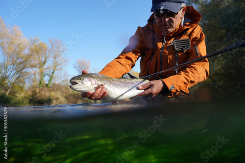 capture of a rainbow trout by a fly fisherman in autumn