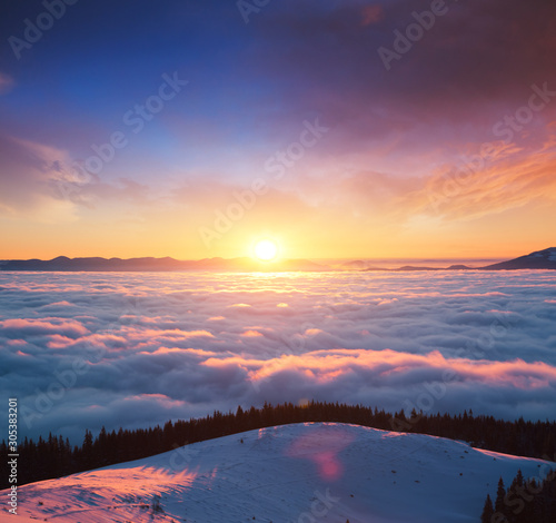 Fantastic air view of the valley covered with dense fog. Location Carpathian mountain, Ukraine, Europe.