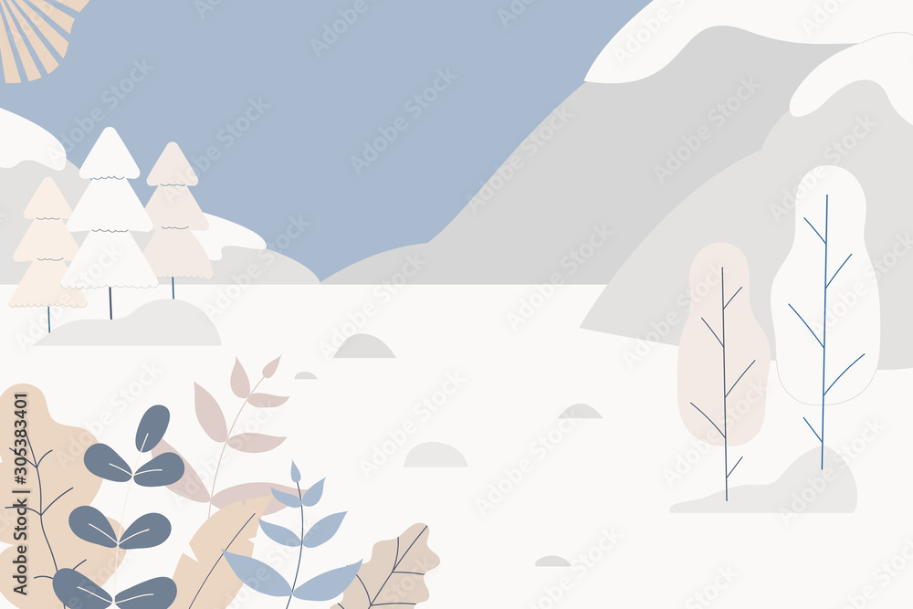 Fantasy cute winter landscape. Trendy fashion plants, leaves,mountains,sun and nature in minimalist flat design style. Bushes, trees,pines. Vector illustration.Soft colours