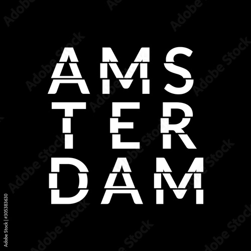 Amsterdam typography text. Amsterdam modern design with glitch effect. T-Shirt, print, poster, graphic. Vector illustration.