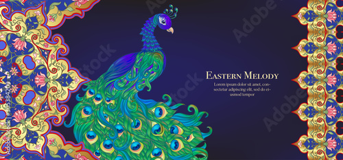Peacock and eastern ethnic motif, traditional muslim ornament. Template for wedding invitation, greeting card, banner, gift voucher, label. Colored vector illustration in gold and blue.