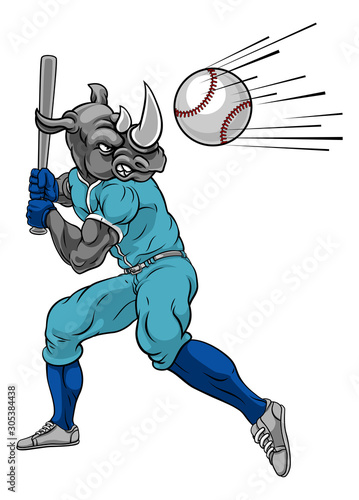A rhino baseball player cartoon animal mascot swinging a bat at a fast ball