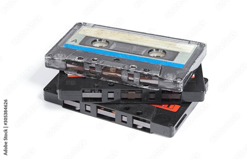 Three old audio tapes for magnetic recording isolated Three old audio tapes for magnetic recording isolated