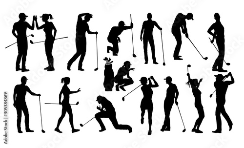 A set of golfer sports people playing golf in various poses