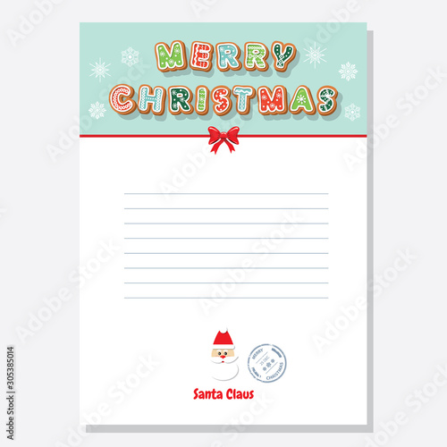 Christmas Santa letter blank template A4 decorated with Gingerbread cookie letters and snowflakes. Vector
