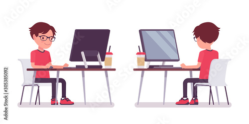 School boy in casual wear studying at computer monitor. Cute small guy in glasses, active young kid, smart elementary pupil aged between 7 and 9 years old. Vector flat style cartoon illustration