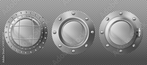 Metal round portholes in ship, submarine or spaceship. Vector set of realistic steel circle windows illuminators with rivets isolated on transparent background