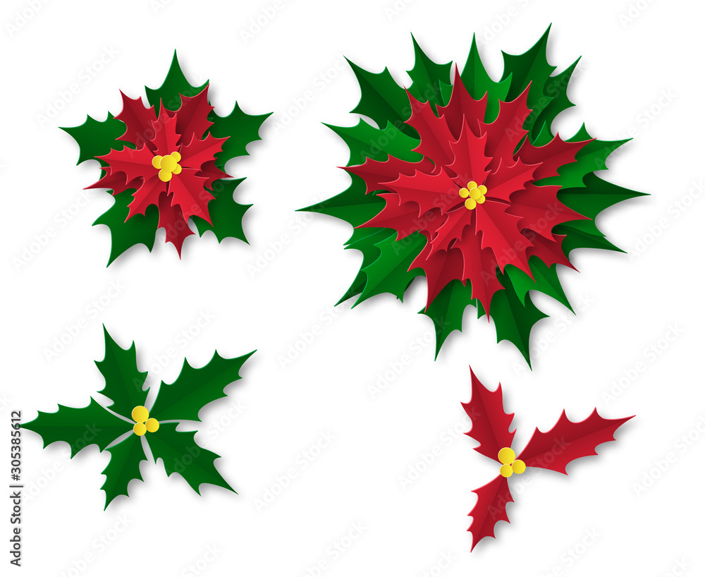 Set of poinsettia plants on a transparent, white background. Paper cut templates for Christmas greetings. Set of poinsettia plants on a transparent, white background. Paper cut templates for Christmas greetings.