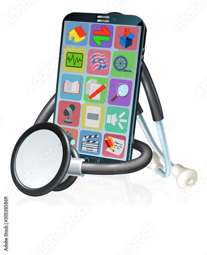 A mobile phone with a stethoscope. A medical health app concept or alternatively related to phone service maintenance and repair.