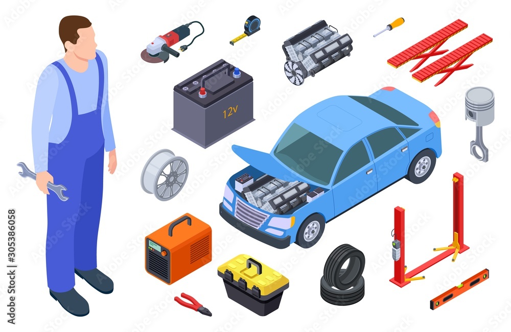 Auto mechanic and car tool. Isometric technician, auto industrial equipment,  car vector elements. Auto car repair service, illustration vehicle mechanic  Stock Vector