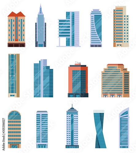 Flat skyscrapers. Modern city tall buildings. Residential and office houses exterior. Apartment blocks isolated cartoon vector set. Illustration skyscraper construction, tall building architecture