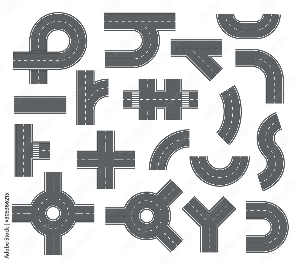 Road elements. Streets and roads with footpaths and crossroads for city ...