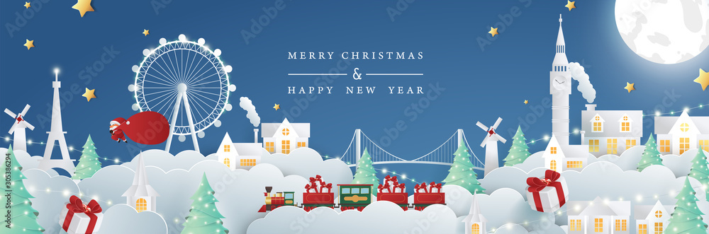 Merry christmas on tour composition in paper cut style. Vector illustration.