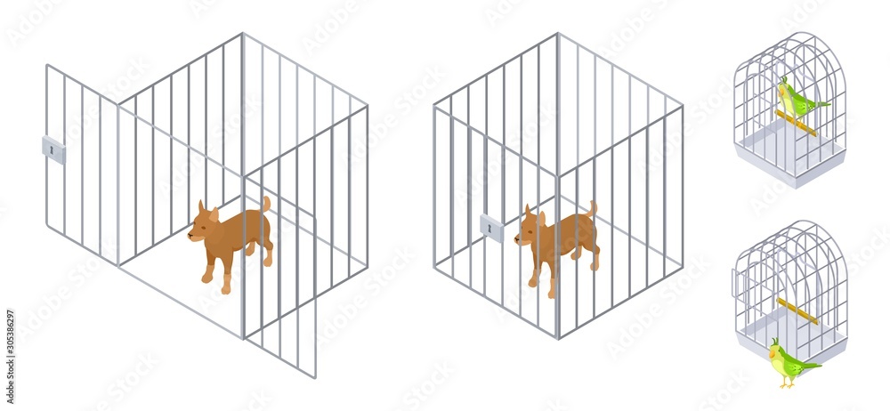 Animals in cages. Isometric dog bird inside and outside cage. Pet care vector illustration. Cage for pet, animal domestic puppy safety Animals in cages. Isometric dog bird inside and outside cage. Pet care vector illustration. Cage for pet, animal domestic puppy safety