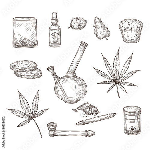 Sketch cannabis. Medical marijuana leaves, weed joint and bong, cbd oil. Hand drawn ganja vector set. Illustration sketch cannabis weed, natural organic hemp