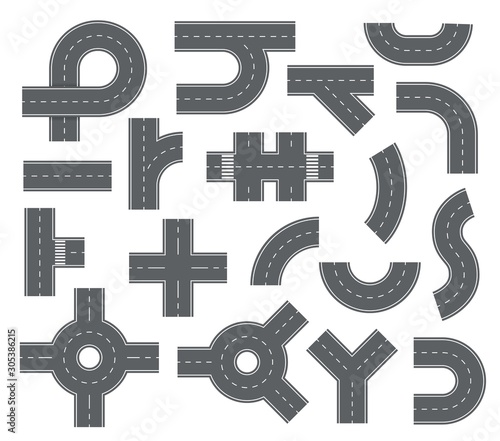 Road elements. Streets and roads with footpaths and crossroads for city map. Speedway navigation top view vector set. Road highway, plan traffic speedway, crossroad street illustration