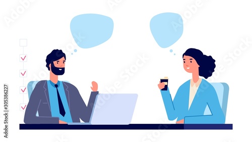 Employment concept. Business interview vector illustration. Flat business male and female characters. Man and woman talking at work. Employee character hiring worker, recruit department illustration
