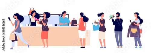 Shopping people queue. Fashion store cash desk vector illustration. Flat cashiers and buyers with clothes accessorises. Queue people in shop, store market