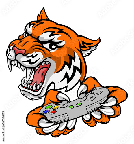 A tiger gamer player cartoon animal sports mascot holding a video game controller in its claw