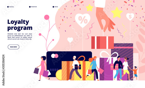 Loyalty program concept. Customer allegiance marketing program, discount rewards card, retail clients store. Advertisement vector design loyalty reward program illustration