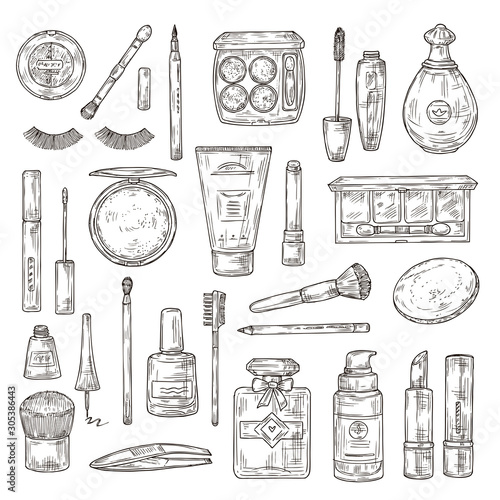 Sketch cosmetics. False eyelashes, lipstick and perfume, powder and makeup brush, and nail polish, foundation and tweezers doodle vector set. Makeup beauty lipstick, illustration of powder and perfume