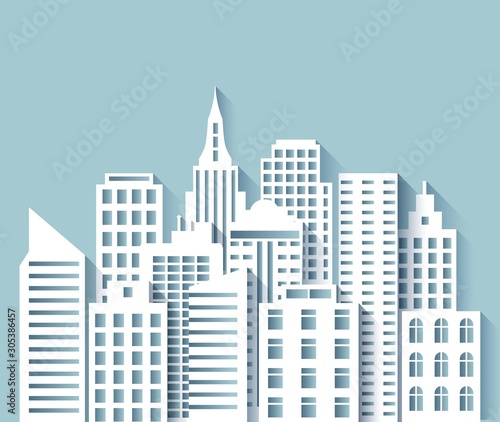 Plakat Paper city skyline. 3d Urban origami cityscape with white papercut modern houses and skyscrapers. Abstract megapolis vector panorama scene. Cityscape town, building urban graphic origami illustration