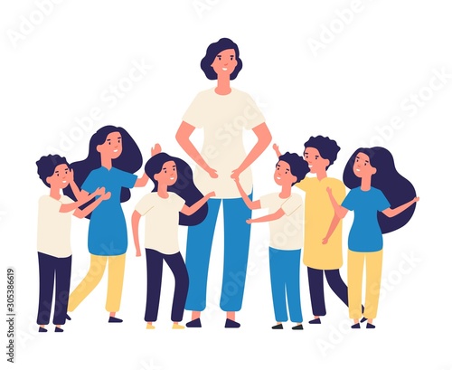 Educator and kids. Vector teacher, happy children characters. Group of kids from kindergarten elementary school with young woman illustration. Group kids and babysitter, girl and boy