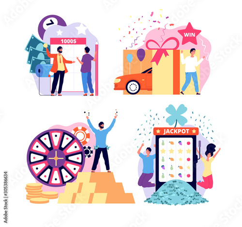 People and gambling. Lucky man and woman playing lottery, slot machine and casino roulette. Win jackpot prize, fortune vector concept. Illustration lucky play, game gambling and win