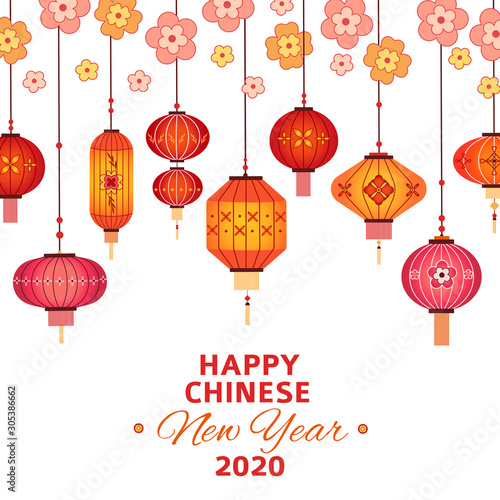 Chinese new year background. Asian lanterns, sakura branches and pattern flowers. 2020 lunar happy new year vector abstract concept. Illustration lantern china japanese, chinese flower hanging