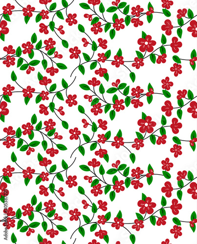 Wallpaper Mural Seamless floral pattern. Decorative abstract flowers hand drawn. Red flowers on branches with green leaves. Isolated on a white background. Vector illustration Torontodigital.ca