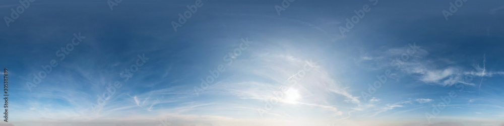 blue sky with clouds with evening sun. Seamless hdri panorama 360 degrees angle view with zenith for use in 3d graphics or game development as sky dome or edit drone shot - obrazy, fototapety, plakaty 