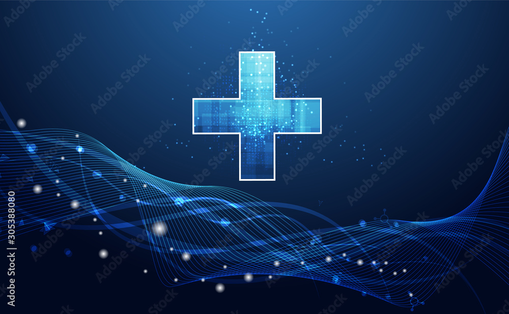 Abstract health science consist health plus digital technology concept  modern medical technology,Treatment,medicine on hi tech future blue background. for template, web design or presentation. - obrazy, fototapety, plakaty 