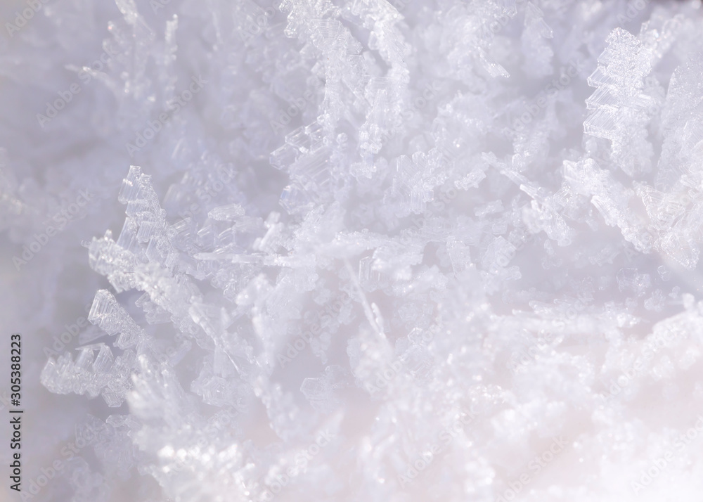 Fototapeta premium Natural snowflakes snow crystals ice rime frost white Christmas background close up selective focus