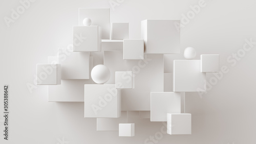 Fototapeta Naklejka Na Ścianę i Meble -  Chaotic cubes with copy space. White abstract geometric background.  3d rendering cubic minimal composition for corporate design template.