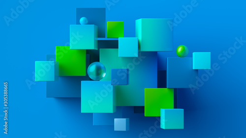 Chaotic cubes with copy space. Blue green abstract geometric background.  3d rendering cubic minimal composition for corporate design template.