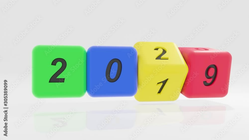 2020 New year change, turn. 2020 start 2019 end, BLUE, red, green and yellow dice isolated against white background. 2020 New year change, turn. 2020 start 2019 end, BLUE, red, green and yellow dice isolated against white background.