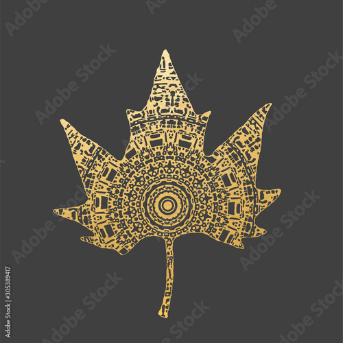 Golden Mandala Platanus Leaf. Ornamental Decoration.