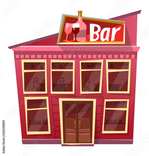 Exterior of bar vector, isolated building with signboard. Pub with alcohol sign on roof. Drinking establishment to drink alcoholic beverages. Champagne and wine in assortment. Business structure