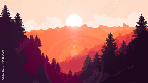 Beautiful landscape Background 2D illustration. Monochromatic Landscape with deep valleys, sunrise, sunset.
