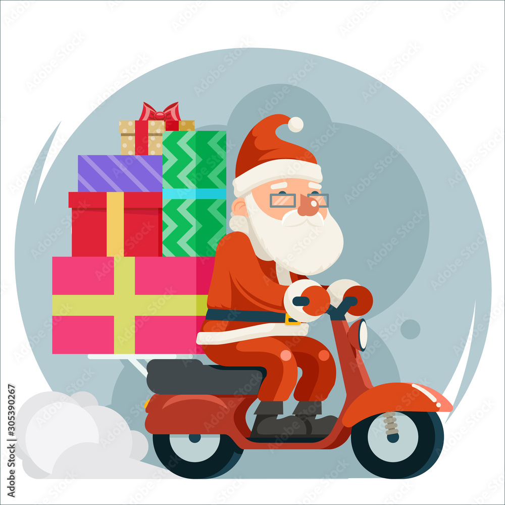 Fototapeta premium Gift box pile santa claus delivery courier scooter symbol cartoon flat design vector illustration