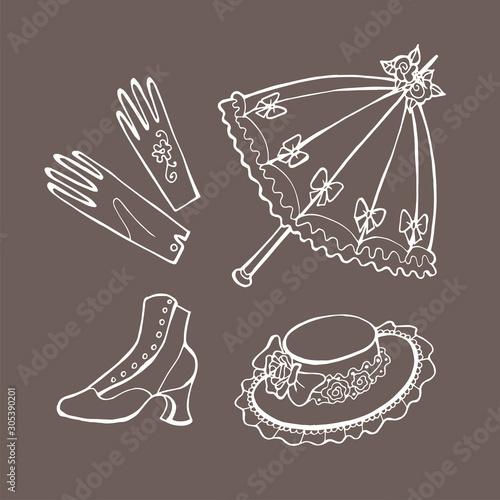 Hand drawn elegant vintage ladies background. Sketch women hat. Retro fashion vector illustration