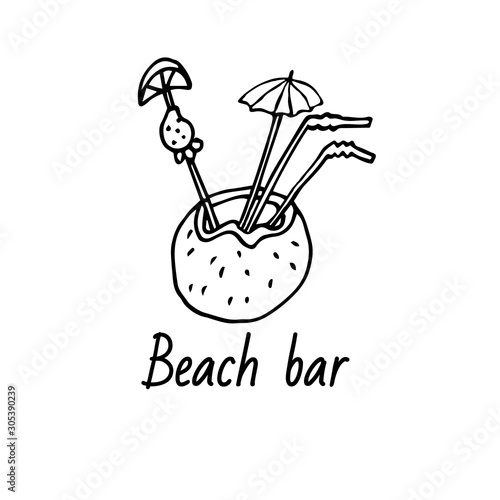 Beach bar logo vector template. Hand drawn illustration in black ink on white background. Coconut cocktail. Great for cocktail bars. Summer party style.