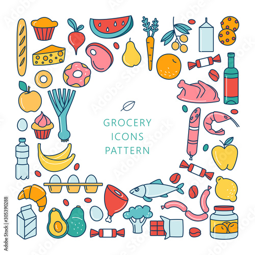 Grosery supermarket goods pattern store food, drinks, vegetables, fruits, fish, meat, dairy, sweets