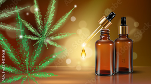 Low poly 3D medical marijuana oil leaf. Legalize medical pain treatment concept. Cannabis weed medicine glass bottle symbol. Pipette transparent realistic prescription vector illustration