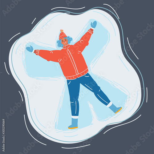 Woman making snow angel.