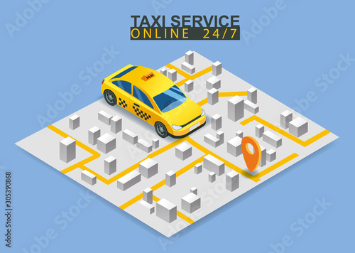 Taxi service isometric. Smartphone with city map route and points location yellow car